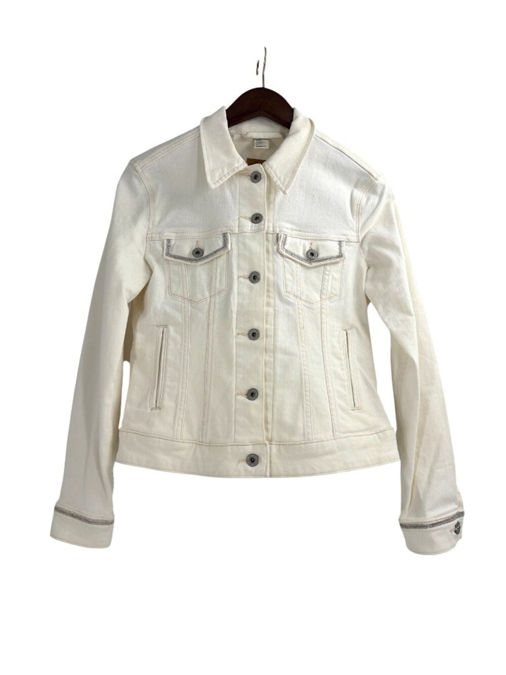 Levis Womens Small Denim Jacket Ivory Button-Front Silver Trim Casual Western